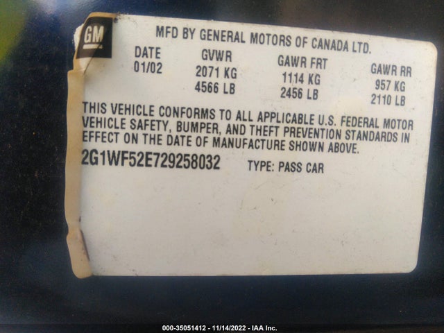 2002 CHEVROLET IMPALA VIN: 2G1WF52E729258032