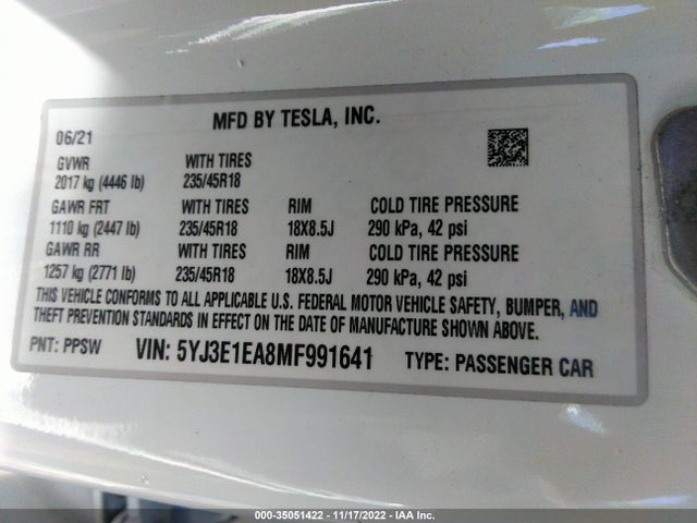 Tesla MODEL 3 2021 5YJ3E1EA8MF991641 Image 9