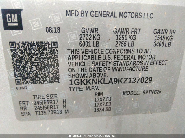 GMC ACADIA SLE 2019 1GKKNKLA9KZ137029 Image 9