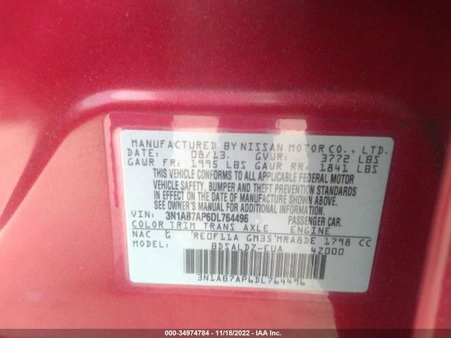2013 NISSAN SENTRA SV VIN: 3N1AB7AP6DL764496