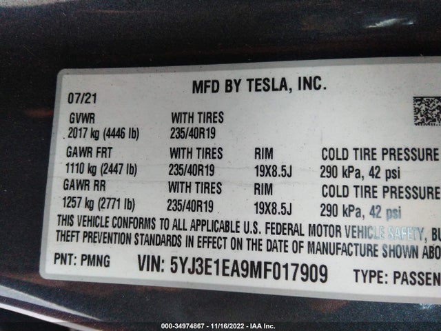 Tesla Model 3 Standard Range Plus 2021 5YJ3E1EA9MF017909 Image 9