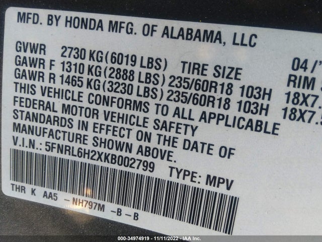2019 HONDA ODYSSEY LX VIN: 5FNRL6H2XKB002799