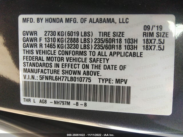 2020 Honda Odyssey, VIN: 5FNRL6H77LB010775