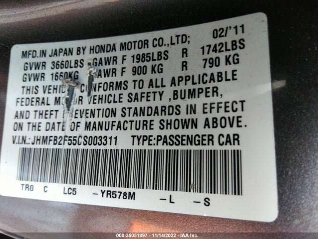 2012 HONDA CIVIC SDN LX VIN: JHMFB2F55CS003311