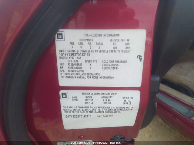 2000 CHEVROLET CORVETTE VIN: 1G1YY32G2Y5122115