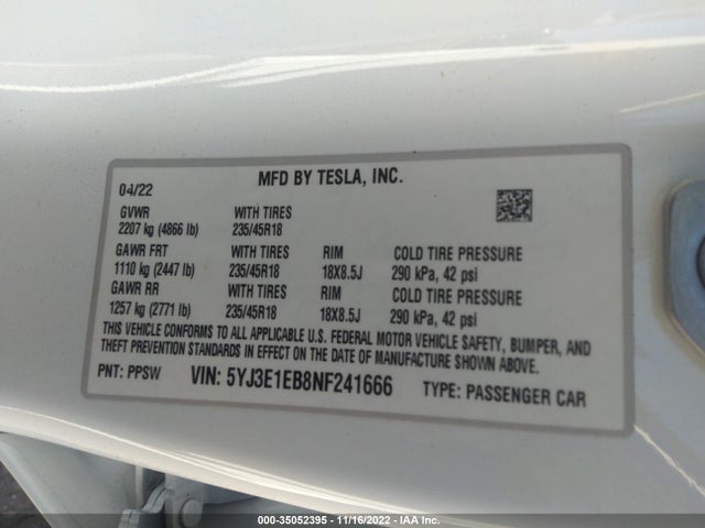 Tesla Model 3 Long Range 2022 5YJ3E1EB8NF241666 Image 10