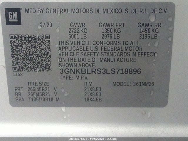 2020 CHEVROLET BLAZER PREMIER VIN: 3GNKBLRS3LS718896