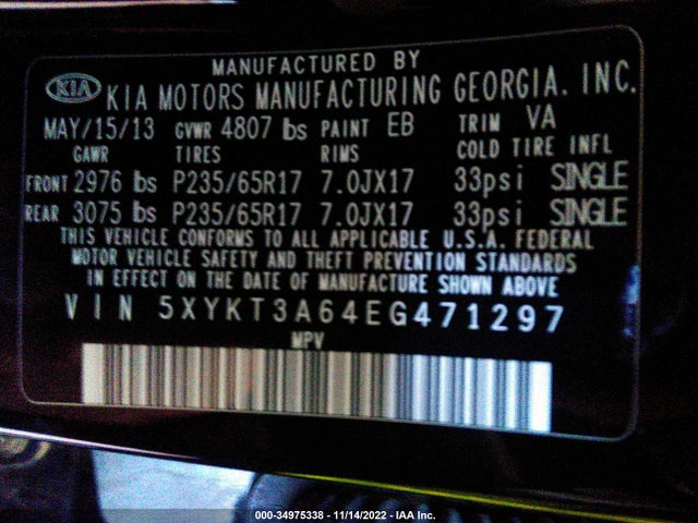2014 KIA SORENTO LX VIN: 5XYKT3A64EG471297