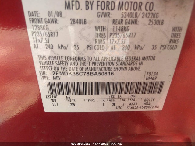 2008 FORD EDGE SEL VIN: 2FMDK38C78BA50816