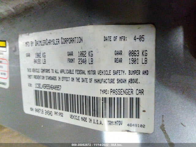 2005 CHRYSLER SEBRING CONV VIN: 1C3EL45R55N640957