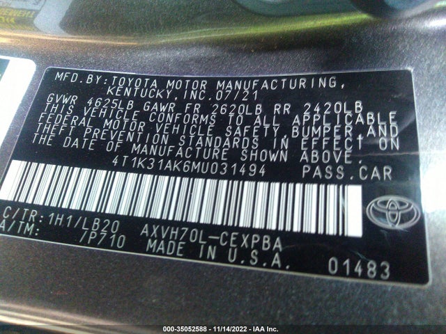 2021 Toyota Camry, VIN: 4T1K31AK6MU031494