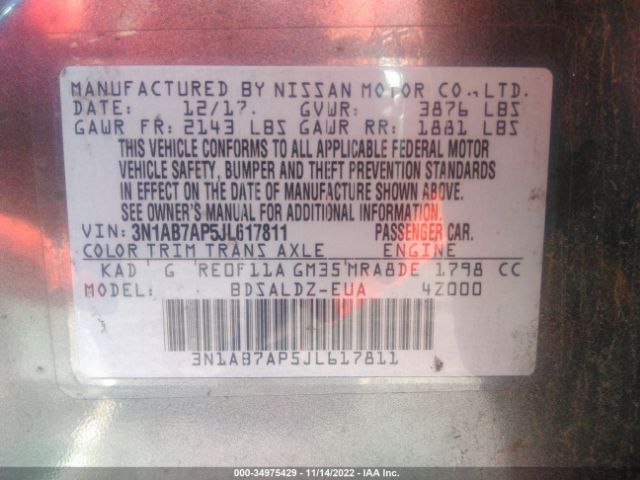 3N1AB7AP5JL617811 Nissan SENTRA SV