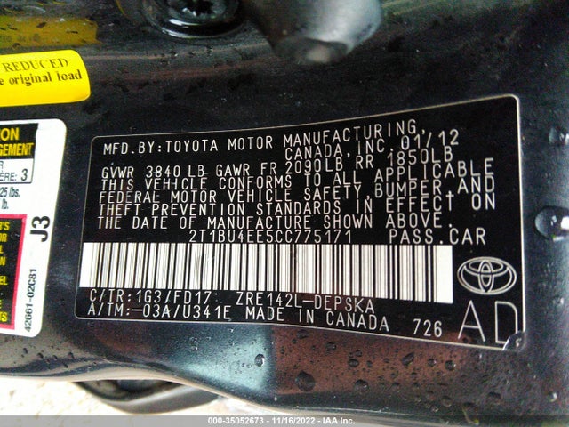2012 TOYOTA COROLLA L/LE/S VIN: 2T1BU4EE5CC775171