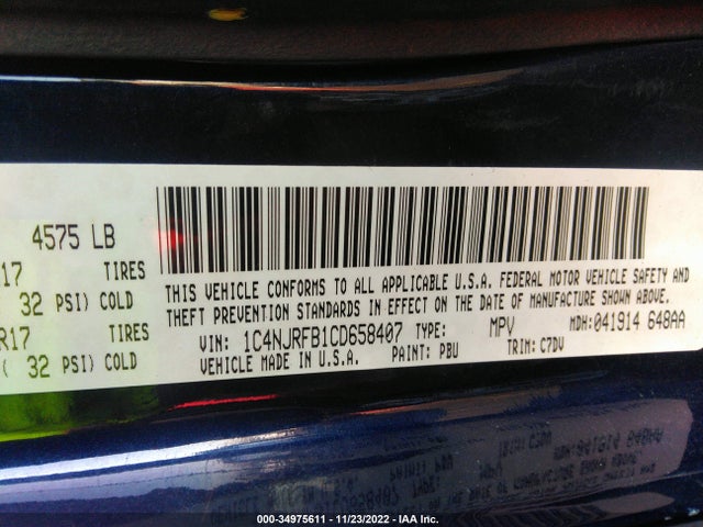 2012 JEEP PATRIOT LATITUDE VIN: 1C4NJRFB1CD658407