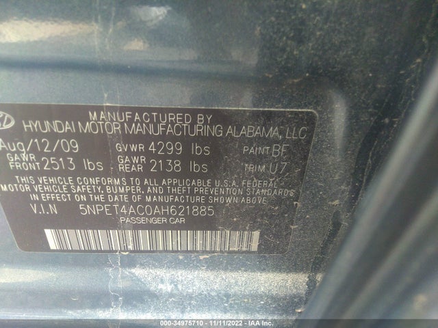2010 HYUNDAI SONATA GLS VIN: 5NPET4AC0AH621885