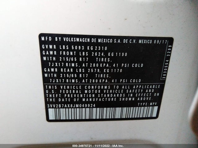 2018 Volkswagen Tiguan, VIN: 3VV2B7AX8JM049924