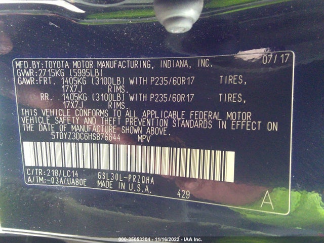 2017 Toyota Sienna, VIN: 5TDYZ3DC6HS876644