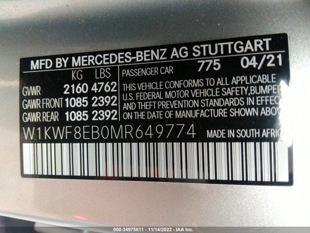 2021 Mercedes-Benz C-Class, VIN: W1KWF8EB0MR649774