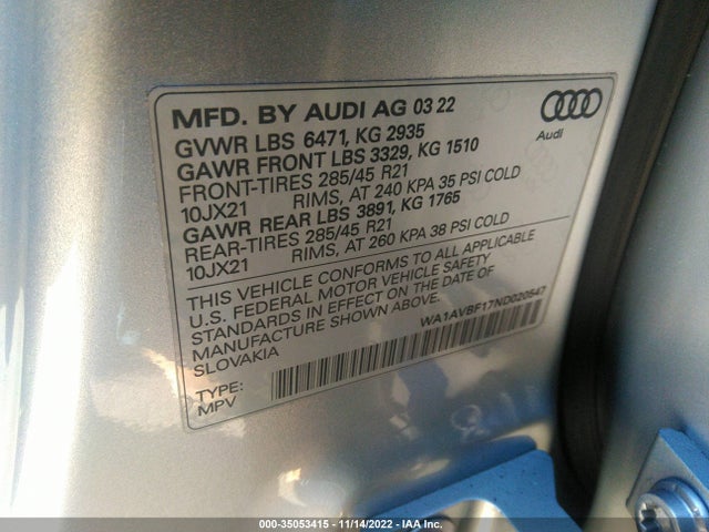 Audi Q8 PREMIUM 2022 WA1AVBF17ND020547 Image 9