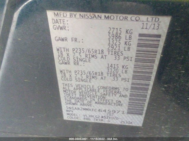 5N1AR2MMXEC645971 Nissan Pathfinder Sl