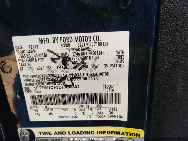 2013 FORD F-150 XL/XLT/FX2/LARIAT VIN: 1FTFW1CF3DFA90892