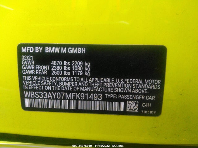2021 BMW M3, VIN: WBS33AY07MFK91493