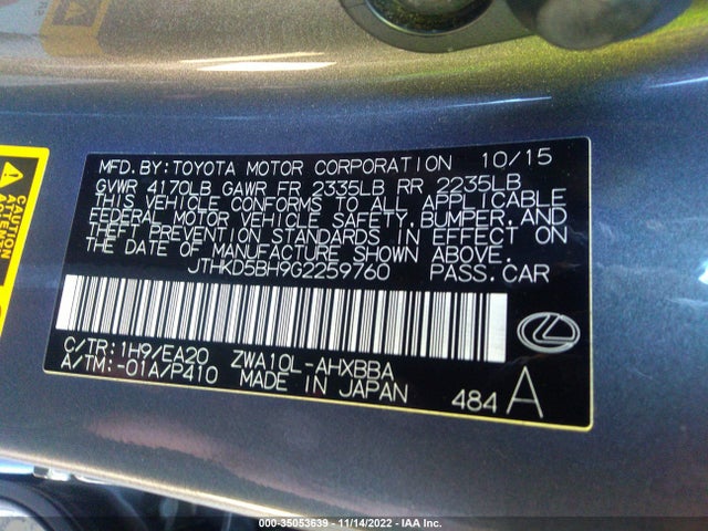 2016 Lexus CT, VIN: JTHKD5BH9G2259760