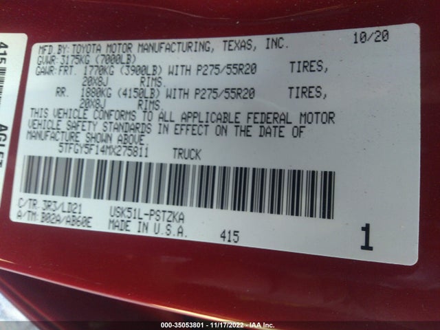 2021 Toyota Tundra, VIN: 5TFGY5F14MX275811