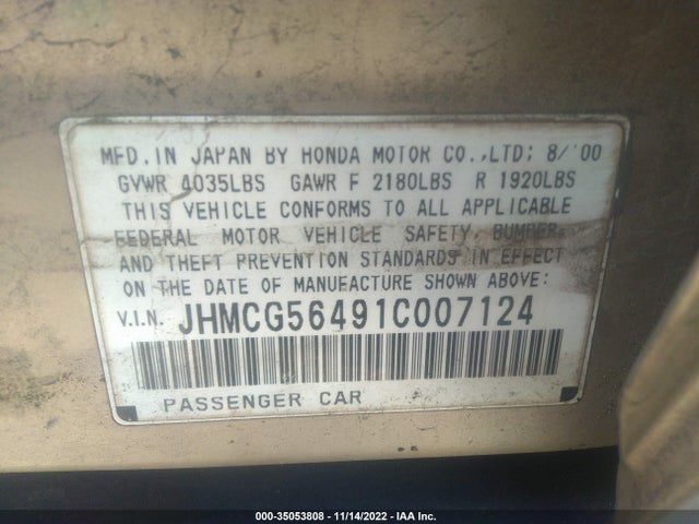 2001 HONDA ACCORD SDN LX VIN: JHMCG56491C007124