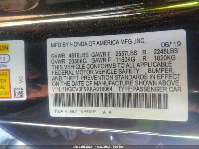 2019 Honda Accord, VIN: 1HGCV3F9XKA016064