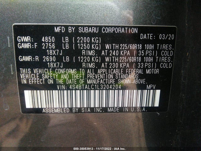 2020 Subaru Outback, VIN: 4S4BTALC1L3204204
