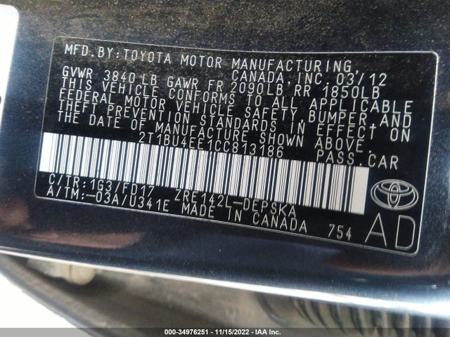 2012 TOYOTA COROLLA L/LE/S VIN: 2T1BU4EE1CC813186