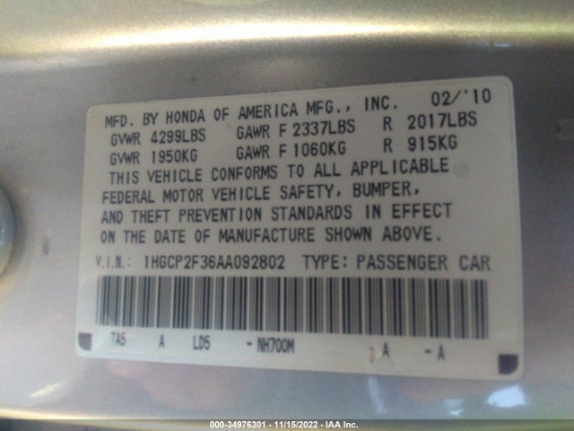 2010 HONDA ACCORD SDN LX VIN: 1HGCP2F36AA092802