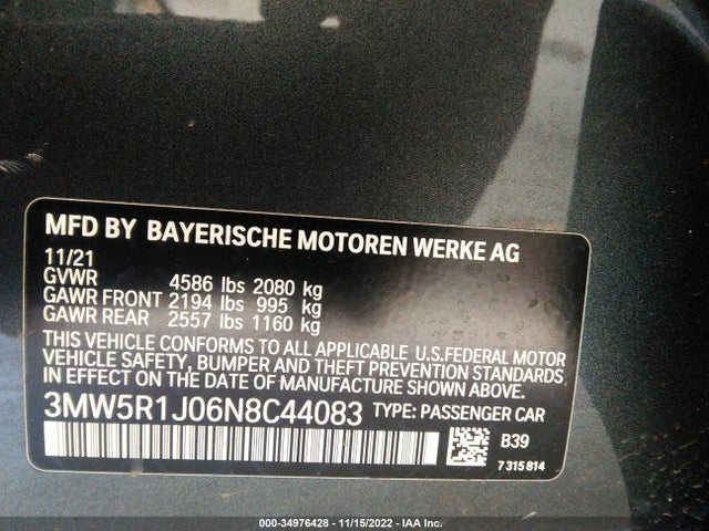 BMW 3 Series 330i 2022 аукцион фото