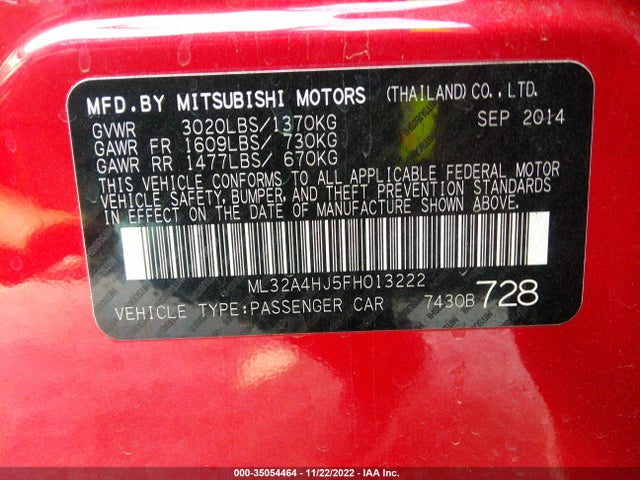 ML32A4HJ5FH013222 Mitsubishi Mirage Es/rf