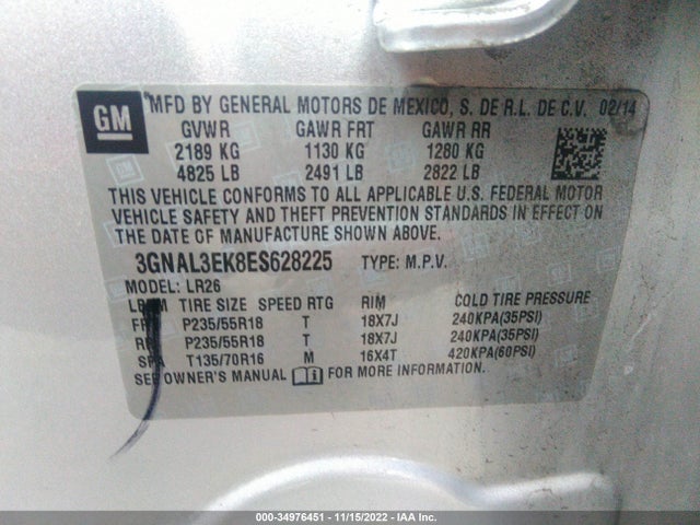 2014 Chevrolet Captiva Sport, VIN: 3GNAL3EK8ES628225