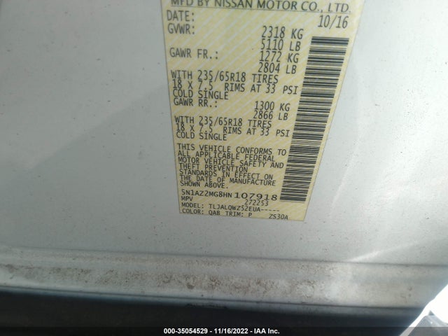 2017 NISSAN MURANO SV VIN: 5N1AZ2MG8HN107918