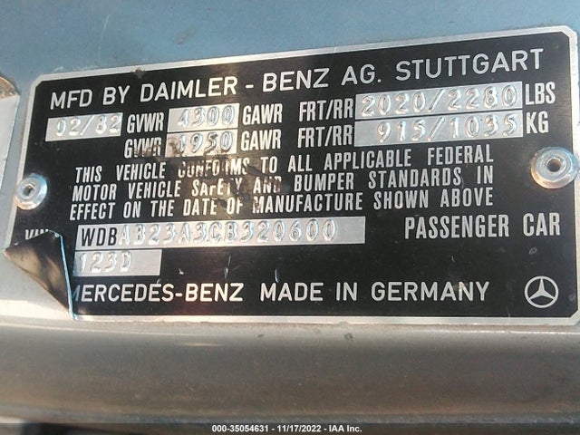 1982 MERCEDES-BENZ 240 D VIN: WDBAB23A3CB320600