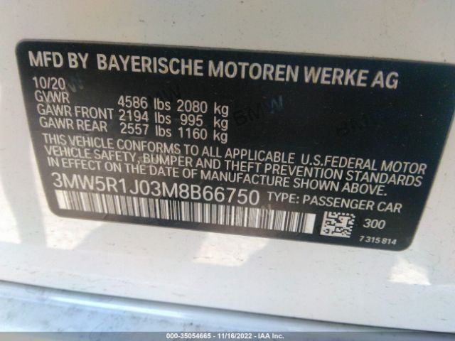 3MW5R1J03M8B66750 BMW 3 Series 330i