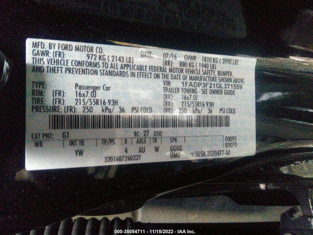2016 FORD FOCUS SE VIN: 1FADP3F21GL371559