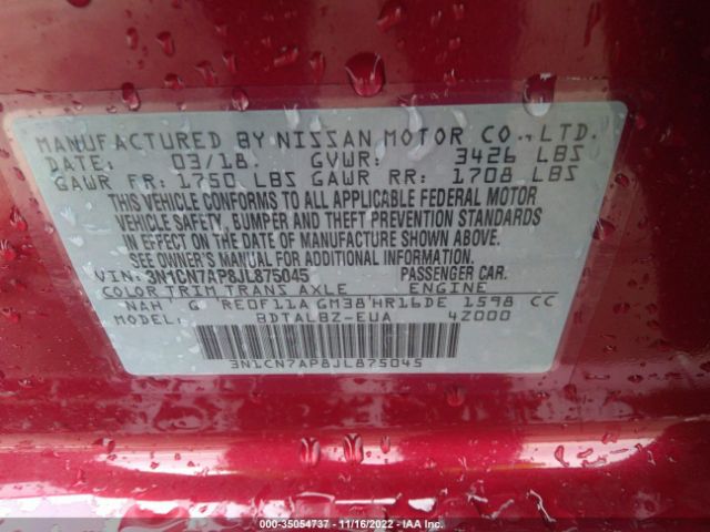 3N1CN7AP8JL875045 Nissan Versa Sedan Sv