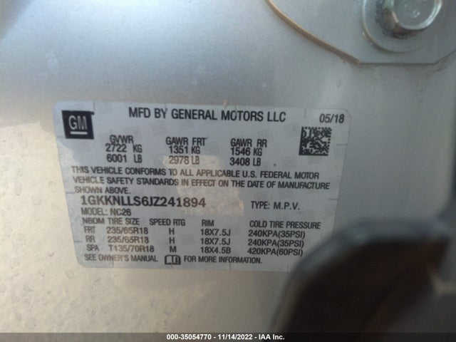 GMC ACADIA SLE 2018 1GKKNLLS6JZ241894 Image 9