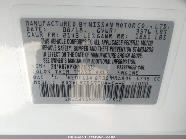 2019 NISSAN SENTRA SR VIN: 3N1AB7APXKY218512