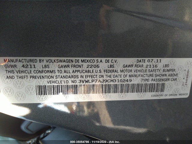 2012 VOLKSWAGEN JETTA SEDAN SEL W/SUNROOF PZEV VIN: 3VWLP7AJ9CM310249