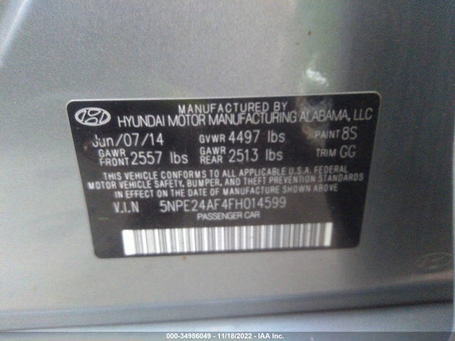 2015 HYUNDAI SONATA 2.4L SE VIN: 5NPE24AF4FH014599