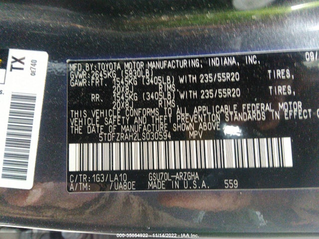 2020 TOYOTA HIGHLANDER LIMITED/PLATINUM VIN: 5TDFZRAH2LS030594