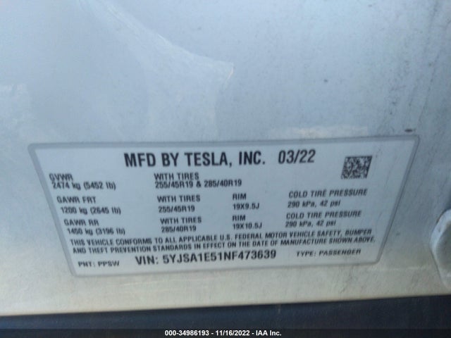 2022 Tesla Model S, VIN: 5YJSA1E51NF473639