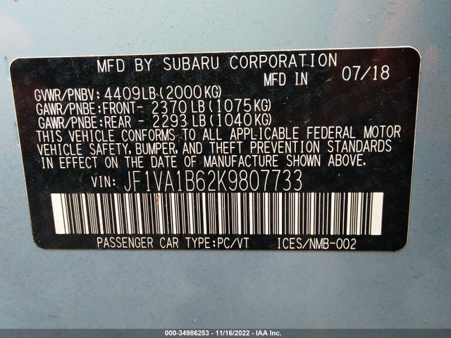 2019 Subaru WRX, VIN: JF1VA1B62K9807733
