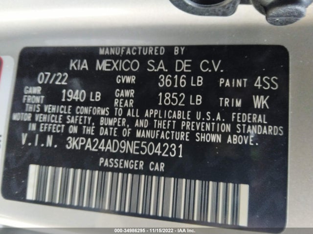2022 Kia Rio, VIN: 3KPA24AD9NE504231