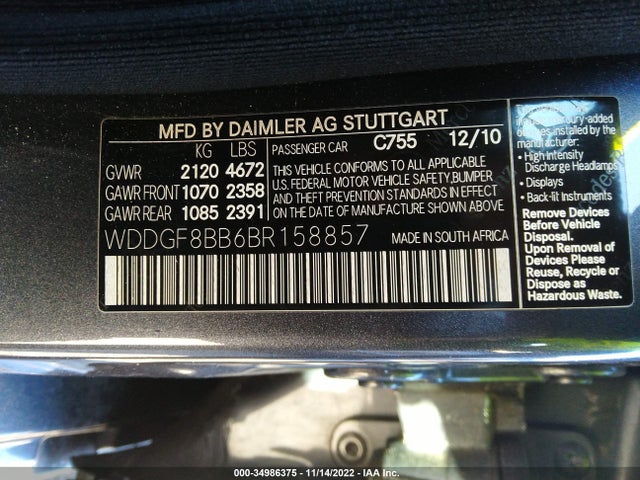 2011 MERCEDES-BENZ C-CLASS C 300 VIN: WDDGF8BB6BR158857